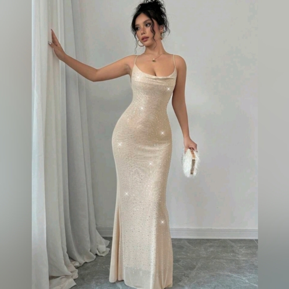 Women's Elegant Sexy Sheer Party Gown With Rhinestones, Plunging Neckline - Picture 4 of 7